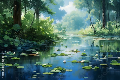 Serene Pond calm water. River garden. Generate Ai