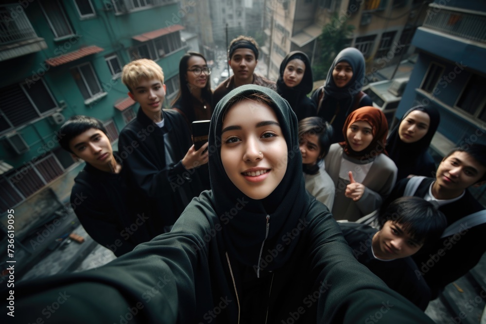 Global smiles: capturing joy in group selfies of cheerful and happy young people diverse nationalities, celebrating unity, friendship, cultural harmony in shared moments of happiness and togetherness. Global smiles: capturing joy in group selfies of cheerful and happy young people diverse nationalities, celebrating unity, friendship, cultural harmony in shared moments of happiness and togetherness.