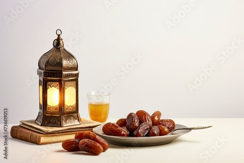 a plate of dates and a traditional Islamic lantern, white background , copy space - generative ai