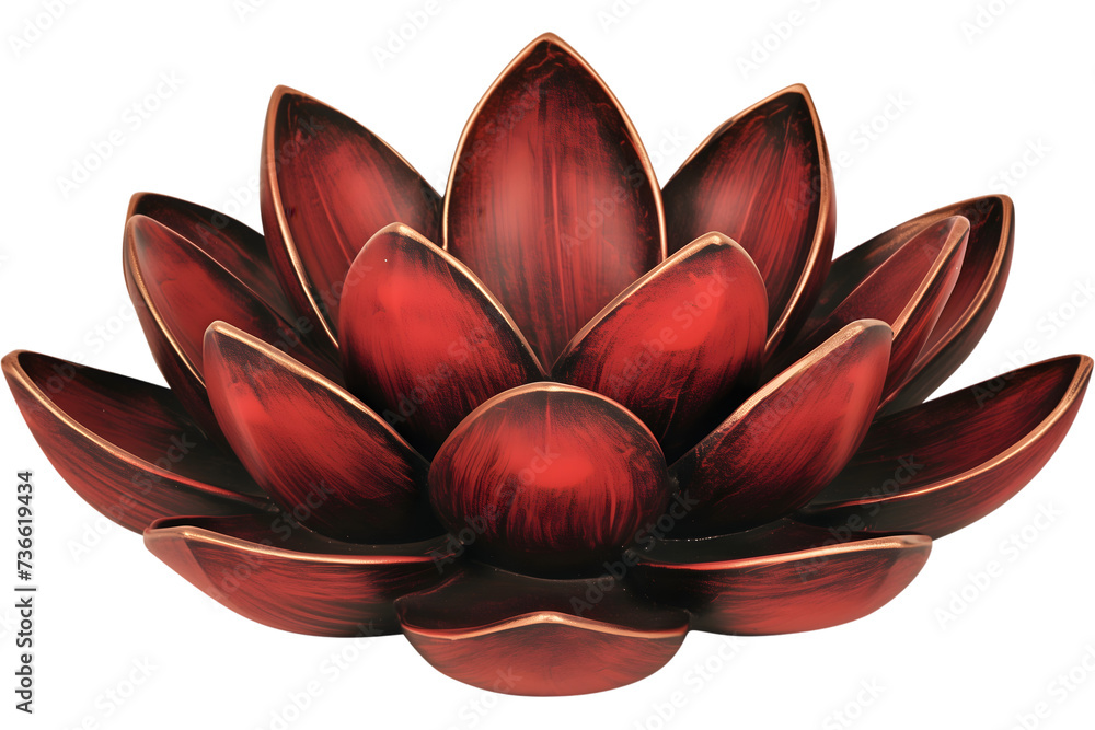 Metallic or wooden red lotus flower with a reflective surface, showing detailed, curved petals Metallic or wooden red lotus flower with a reflective surface, showing detailed, curved petals