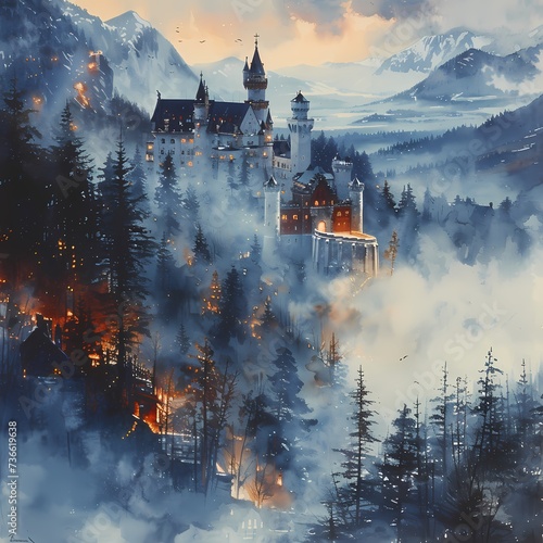 Enchanted Twilight Castle Amidst Misty Forest