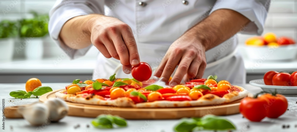 Modern kitchen restaurant  chef preparing pizza, adding ingredients with space for text placement