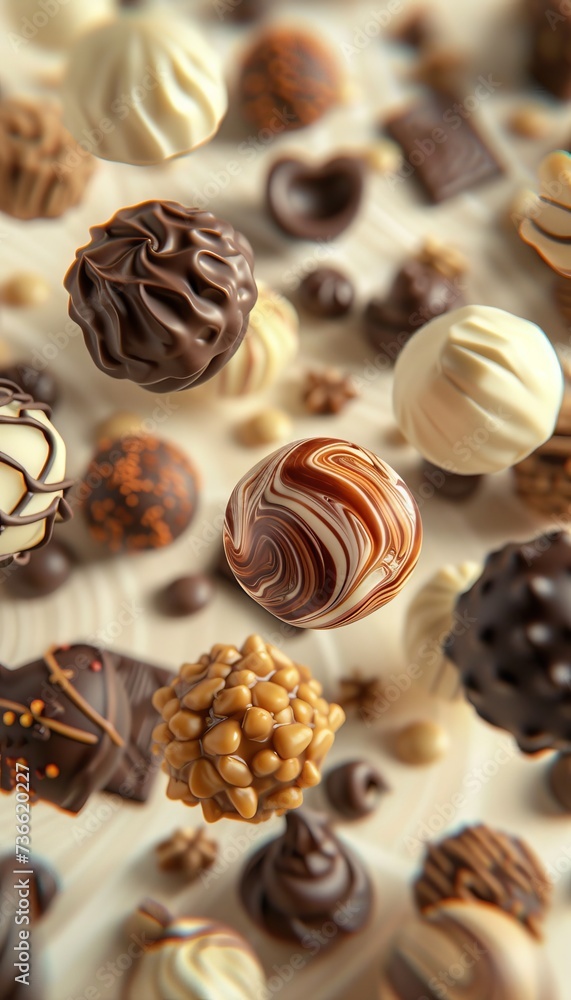 Assorted chocolate candies floating on pastel gradient background with copy space, close up view Assorted chocolate candies floating on pastel gradient background with copy space, close up view