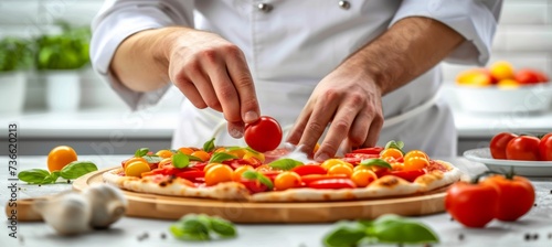 Modern kitchen restaurant chef preparing pizza, adding ingredients with space for text placement