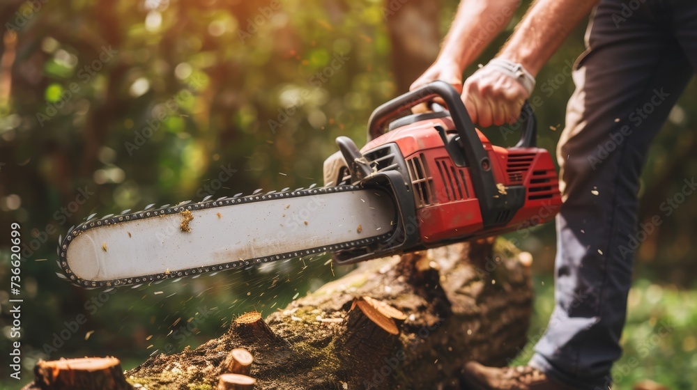 Construction worker operating gasoline chainsaw for tree cutting in close up shot