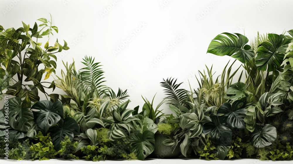 Lush isolated bushes of green exotic tropical plants on a white background.