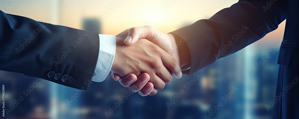 Handshake detail in modern blue suits. Bussiness agreement sign