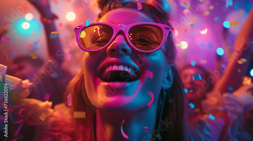 A lively scene of a girl wearing stylish sunglasses, dancing and raving at a music festival or rave party