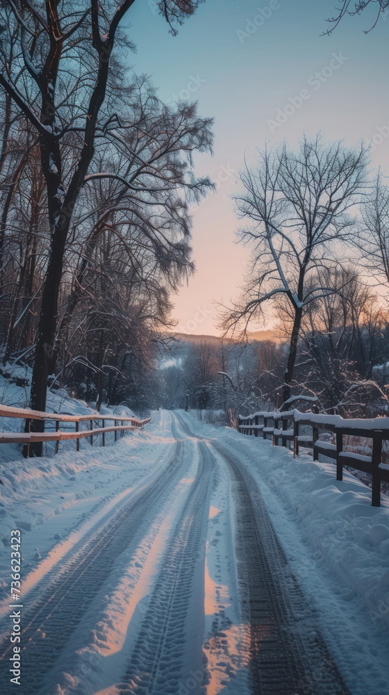 A beautiful snowy road lined with a fence and surrounded by trees during winter.