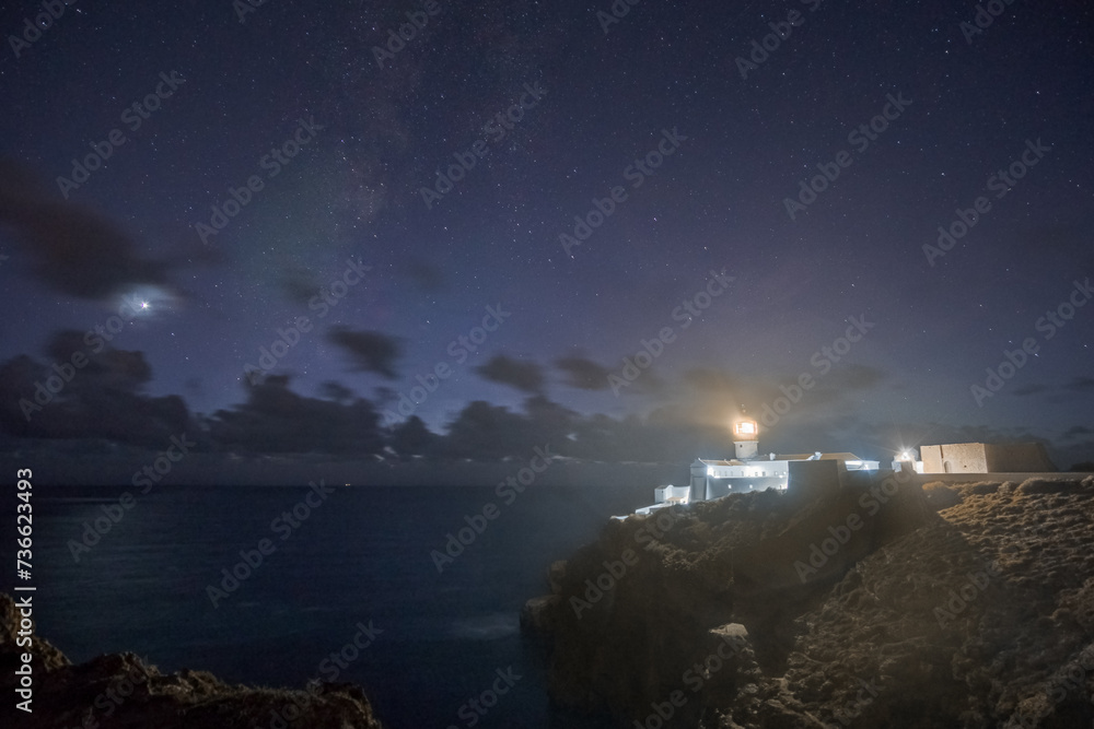 Night sky over lighthouse of Cabo de Sao Vicente with Milky Way and planet Venus, Sagres, Algarve, Portugal