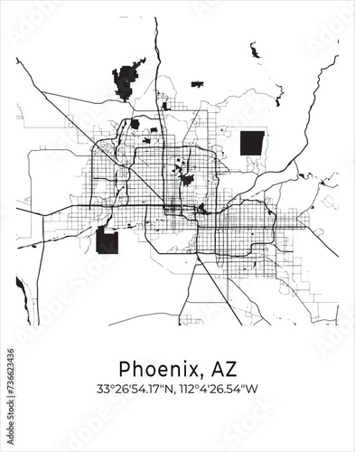 Phoenix city map. Travel poster vector illustration with coordinates. Phoenix, Arizona, The United States of America Map in light mode.