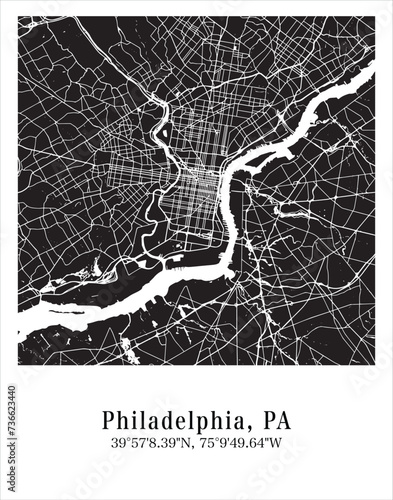 Philadelphia city map. Travel poster vector illustration with coordinates. Philadelphia, Pennsylvania, The United States of America Map in dark mode.