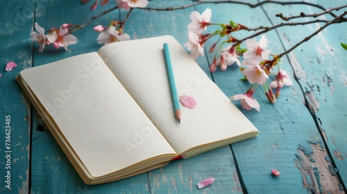 Blank notebook, pencil and orchid flowers on a textured craft paper background