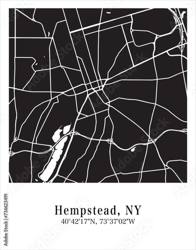 Hempstead city map. Travel poster vector illustration with coordinates. Hempstead, New York, The United States of America Map in dark mode.