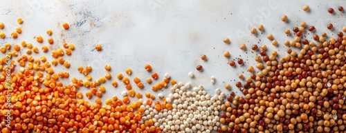 A picture showcasing a variety of food items placed on a table, including corn and beans, against a white background.