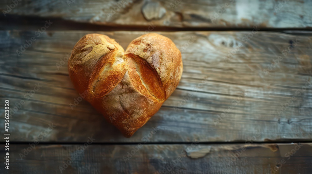 Fresh baked bread in the shape of a heart on a wooden background Fresh baked bread in the shape of a heart on a wooden background