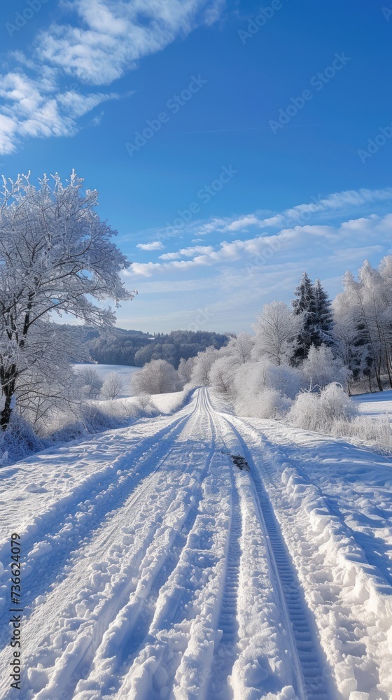 A picturesque winter scene featuring a snow-covered road with tall trees in the background. A picturesque winter scene featuring a snow-covered road with tall trees in the background.