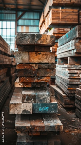 A neatly arranged stack of wooden planks in a warehouse, ready to be used for various purposes.