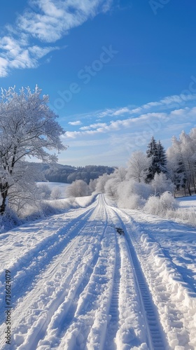 A picturesque winter scene featuring a snow-covered road with tall trees in the background. © FryArt Studio