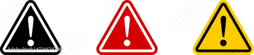 Red Yellow Black and White Triangular Warning or Attention Sign with Exclamation Mark Icon Set. Vector Image.