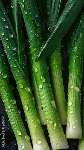 A close-up image of a bunch of celery with water drops cascading down its vibrant green stalks.