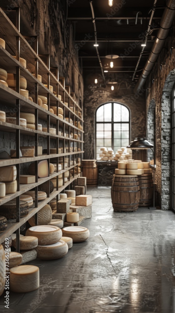 A spacious room lined with shelves holding a wide variety of cheeses for production and storage.