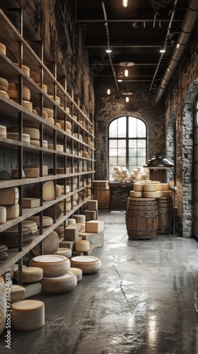 A spacious room lined with shelves holding a wide variety of cheeses for production and storage. photo