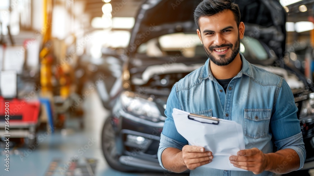 Confident male auto mechanic working on car repair in professional service workshop. Confident male auto mechanic working on car repair in professional service workshop.