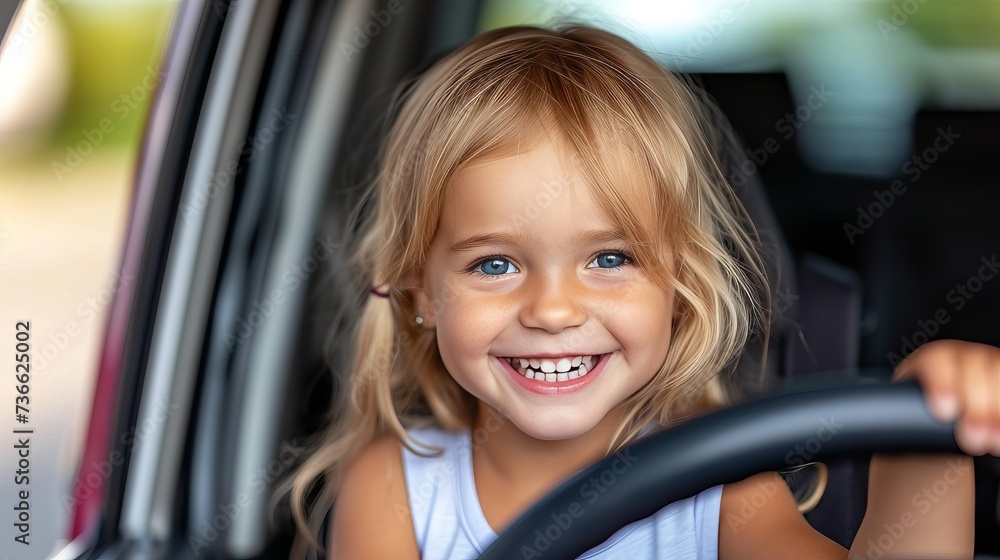 Happy kid in car safety seat, ensuring secure travel   travel safety and protection concept