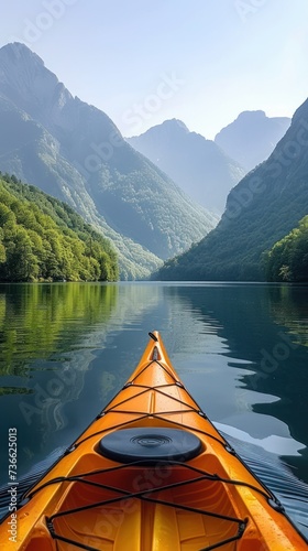 A yellow kayak drifts in the middle of a calm lake surrounded by Mount B31. photo