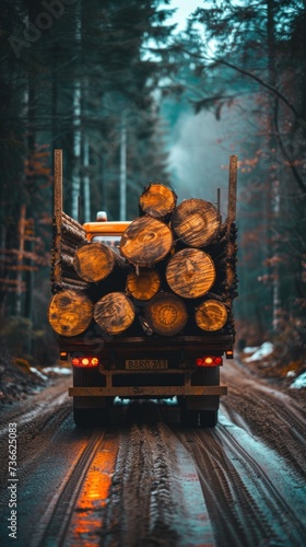 A trailer truck with logs loaded on the back is driving down the road.