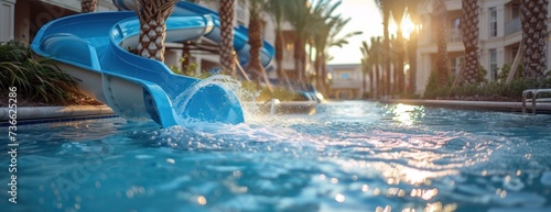 A water slide makes a splash as it slides into a swimming pool at a resort.