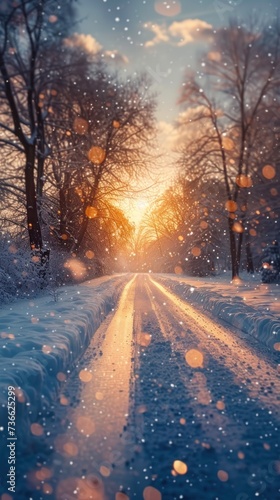 A winter scene showcasing a snowy road with the sun shining through a canopy of trees.