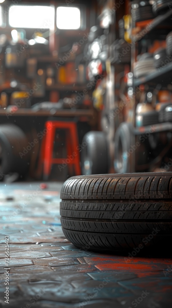 A detailed view of a tire placed on a tiled floor at a repairing service garage. A detailed view of a tire placed on a tiled floor at a repairing service garage.