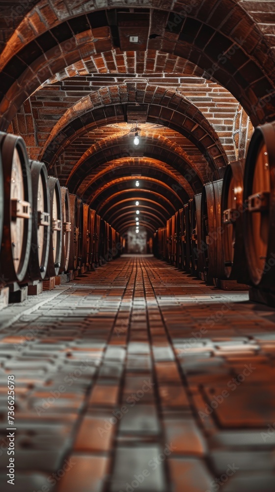 Fototapeta premium A photo showing rows of old oak wine barrels lined up in a vintage wine cellar, highlighting the production of 960 barrels.