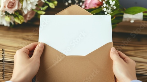 A person holds an envelope with a blank card, flowers on the table, a heartwarming mockup for Mother's Day or a birthday