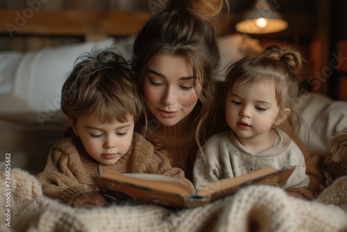 Concept world book day, Mother reads a book to two children. Generative AI.