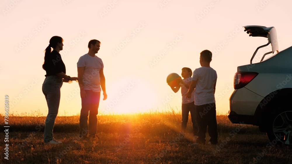 child kid crush father traveling sunset, happy family, joyful cheerful family with child, enjoying child parent communication, little son daughter playing ball with parents, family park sunset, kid