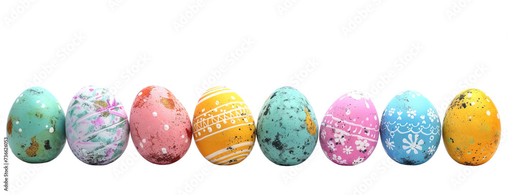Decorated pastel color Easter eggs on a row over isolated transparent background - obrazy, fototapety, plakaty 