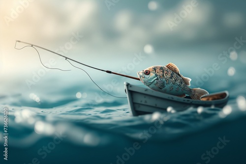A fish in a boat on the open ocean, casting a line for his catch, surrounded by vast blue waters and the promise of a fruitful haul photo