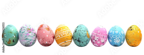 Decorated pastel color Easter eggs on a row over isolated transparent background