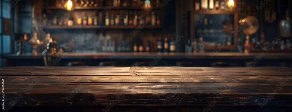 An elegant, empty wooden table positioned in front of a bar filled with a variety of bottles.