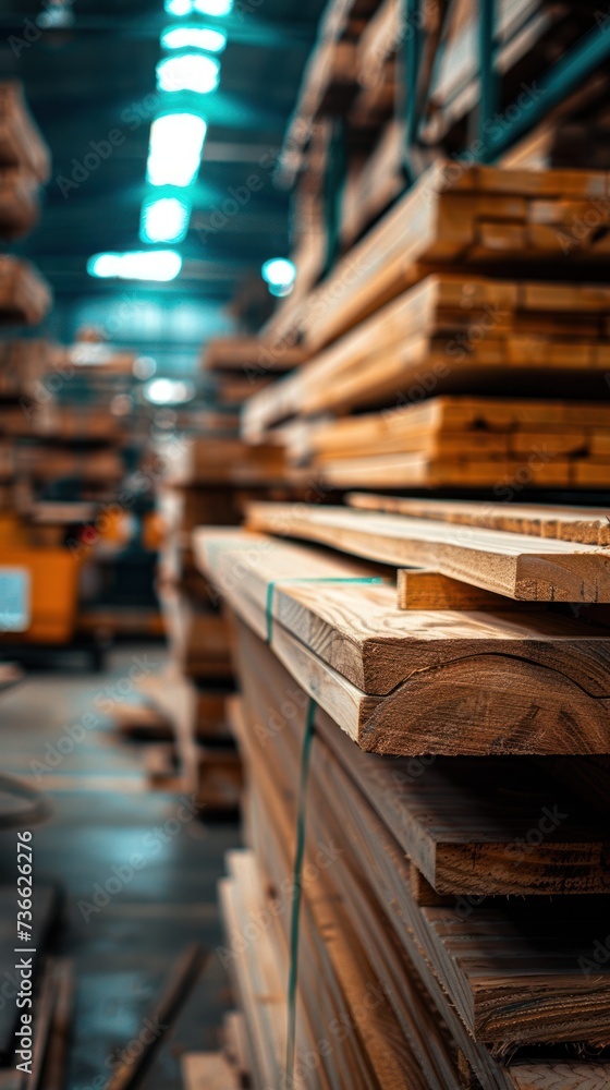 Obraz premium Numerous wooden planks neatly stacked in a warehouse, ready for use in construction or manufacturing processes.
