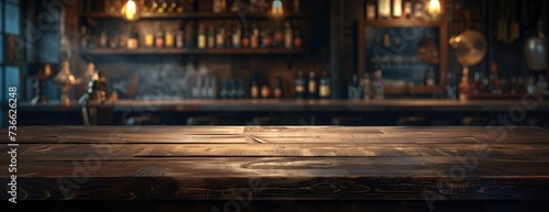 An elegant, empty wooden table positioned in front of a bar filled with a variety of bottles. photo