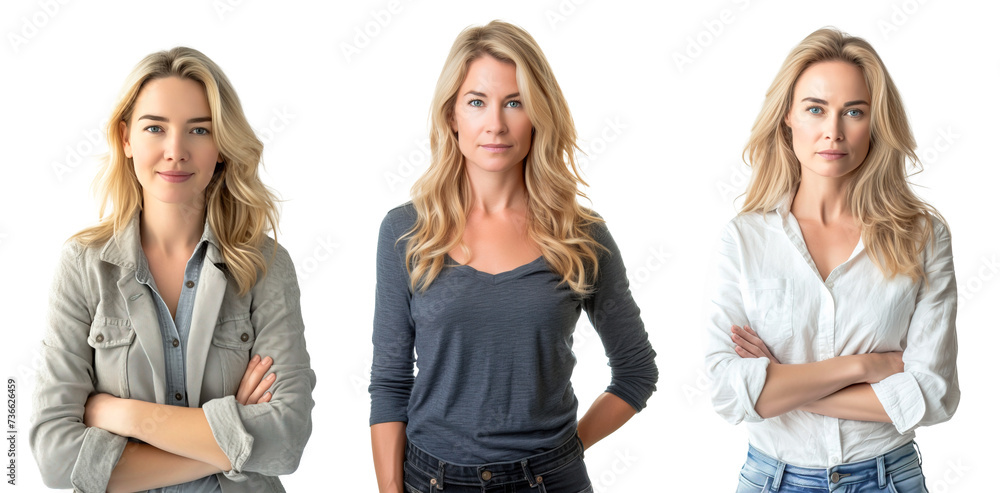 Obraz premium Collage set of three Caucasian blond hair women wearing casual clothes over white transparent background