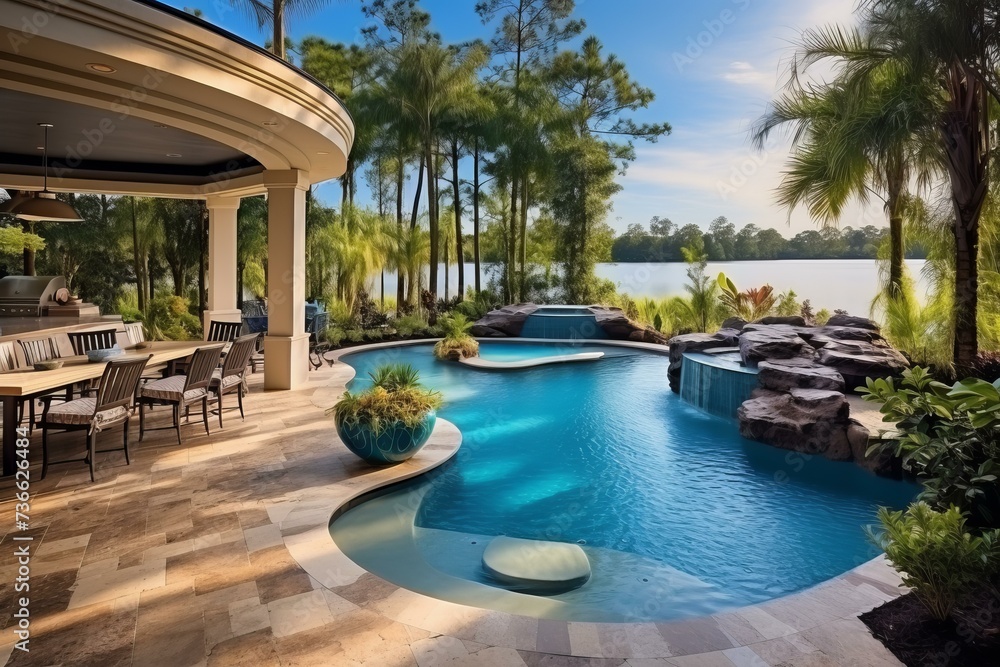 Fototapeta premium Colorful Pool area backyard banner. Summer holiday. Generate Ai