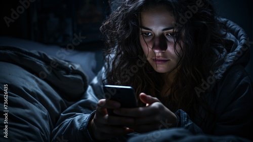 a woman lying in bed looking at a phone