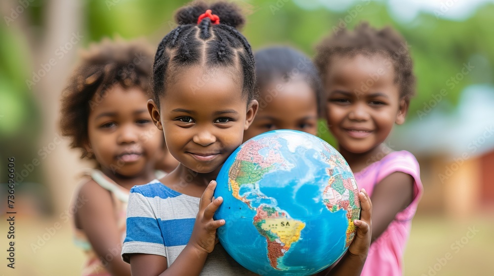 African children spreading peace and unity by holding earth globe in nature s embrace African children spreading peace and unity by holding earth globe in nature s embrace