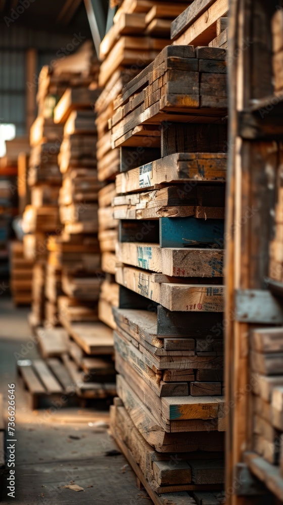 A pile of wooden pallets stacked in an industrial warehouse.