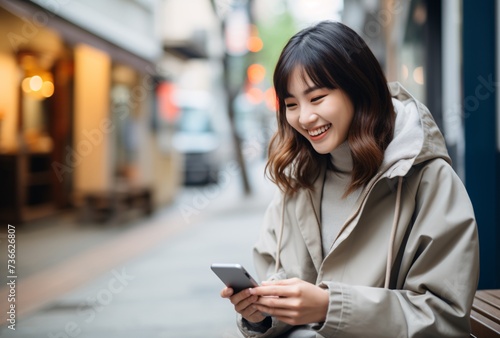 a woman smiling while holding a phone